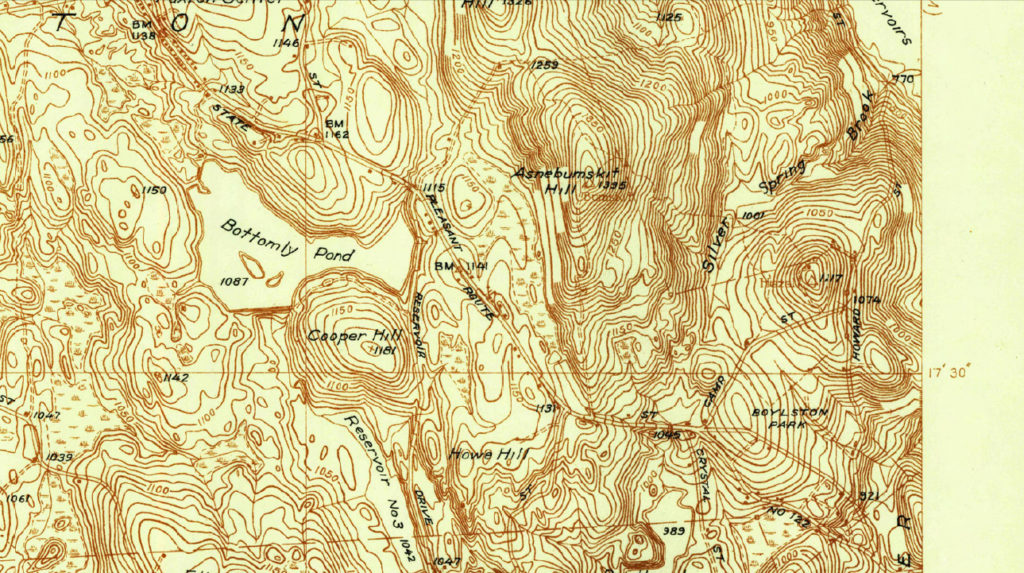 A section of the 1951 USGS Map of SE Paxton, MA
